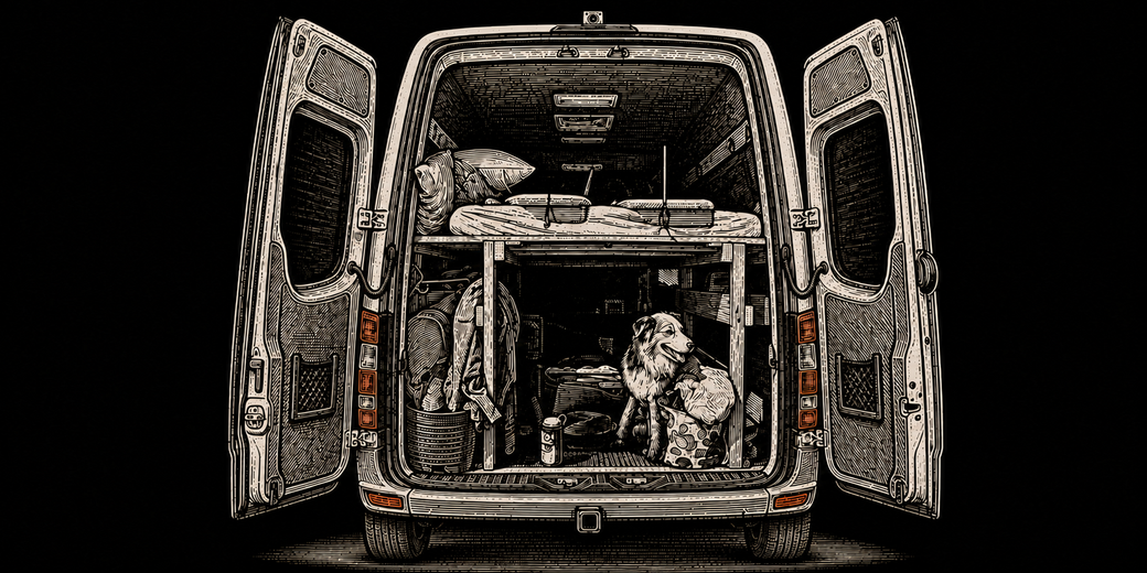 The open rear of Joe's Sprinter van, with his dog inside the handmade build