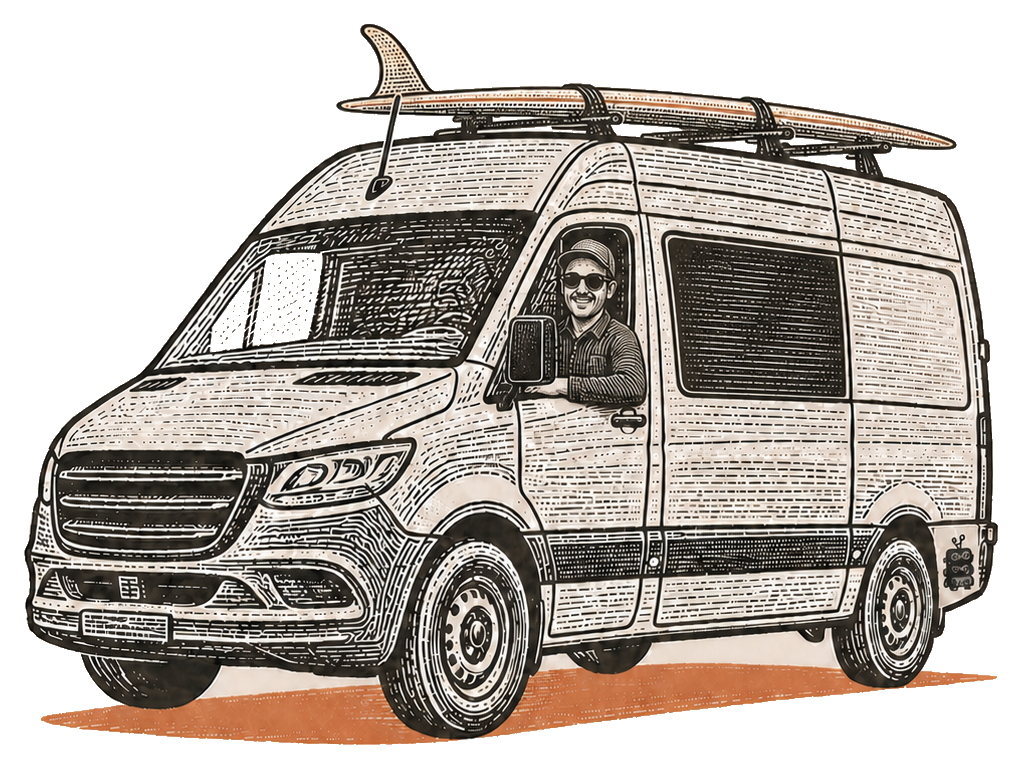 Joe driving his Sprinter van with a single-fin longboard secured to the roof